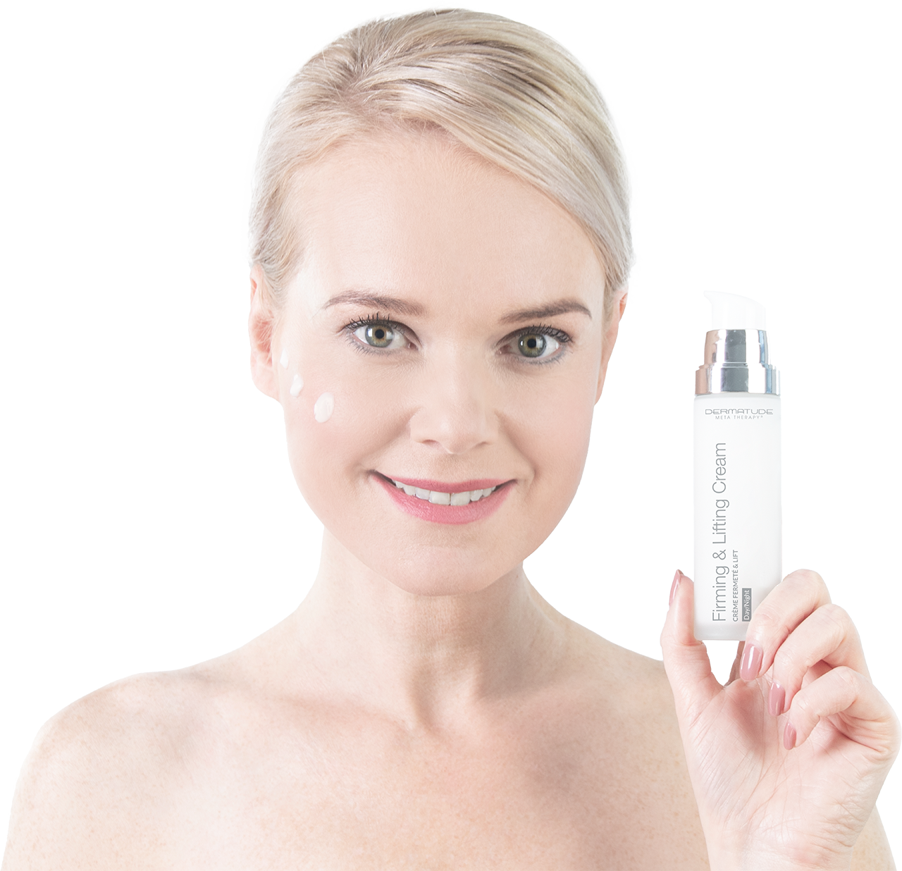 Model met Dermatude Firming & Lifting Cream in hand + cream op wang