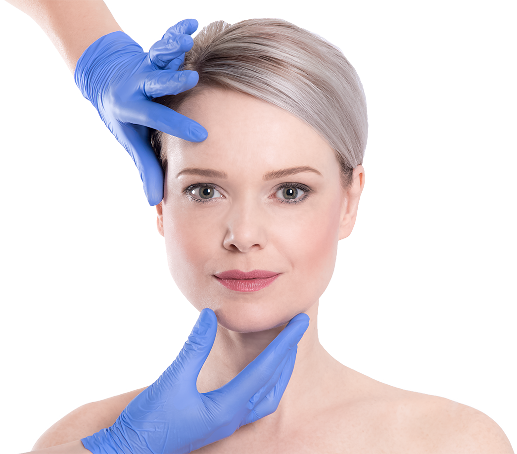 Dermatude model with hands of esthetician holding head